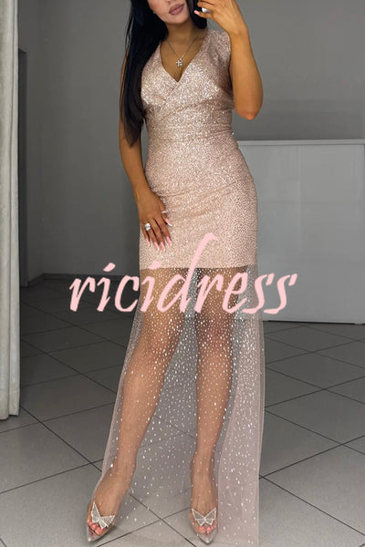Olivia See-through Mesh Sequin Fabric Warp V-neck Party Maxi Dress