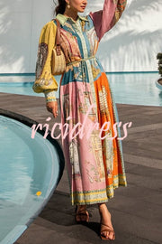 Unique Print Lapel Lantern Sleeve Single Breasted Tie Waist Midi Dress