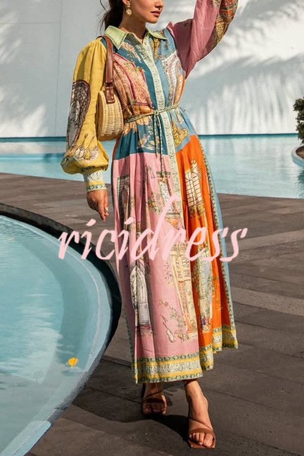 Unique Print Lapel Lantern Sleeve Single Breasted Tie Waist Midi Dress