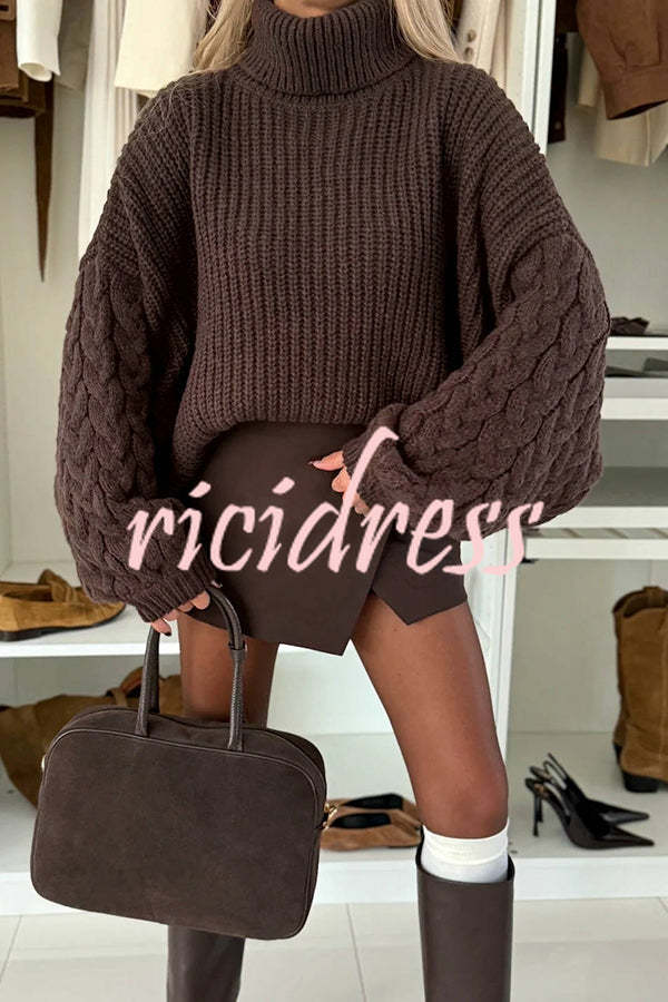Stylish and Comfortable Ribbed Knit Turtleneck Cable Sleeve Loose Sweater