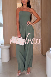 Linen Blend Solid Color Off-the-shoulder Pleated Casual Pocket Wide-leg Jumpsuit