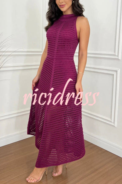 Violet Crochet Knit Round Neck Texture A-line Maxi Dress