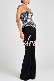 Maya Check Bouclé-tweed Fabric Sweetheart Neck Gold Button Strapless Tank