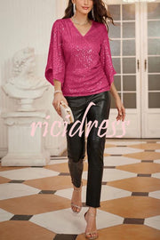 Solid Color Sequined V-neck Hollow Sleeve Slim Fit Top