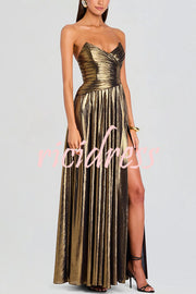 Goddess Temperament Metallic Pleated Fabric Off Shoulder Slit Maxi Dress