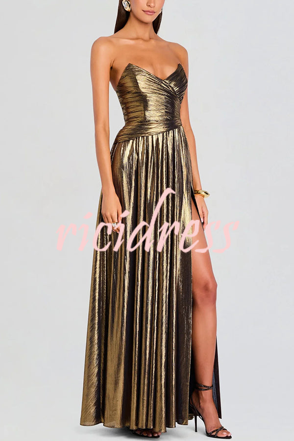 Goddess Temperament Metallic Pleated Fabric Off Shoulder Slit Maxi Dress