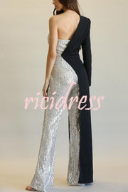 Fashionable Sequined Patchwork One-sided Long-sleeved Asymmetrical Jumpsuit