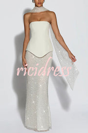 Oakley Corset Strapless Top and Sequin High Rise Maxi Skirt Scarf Set