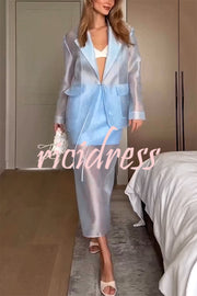 Simple and Light See-through Fabric Tie-up Long Sleeve Pocket Lapel Blazer