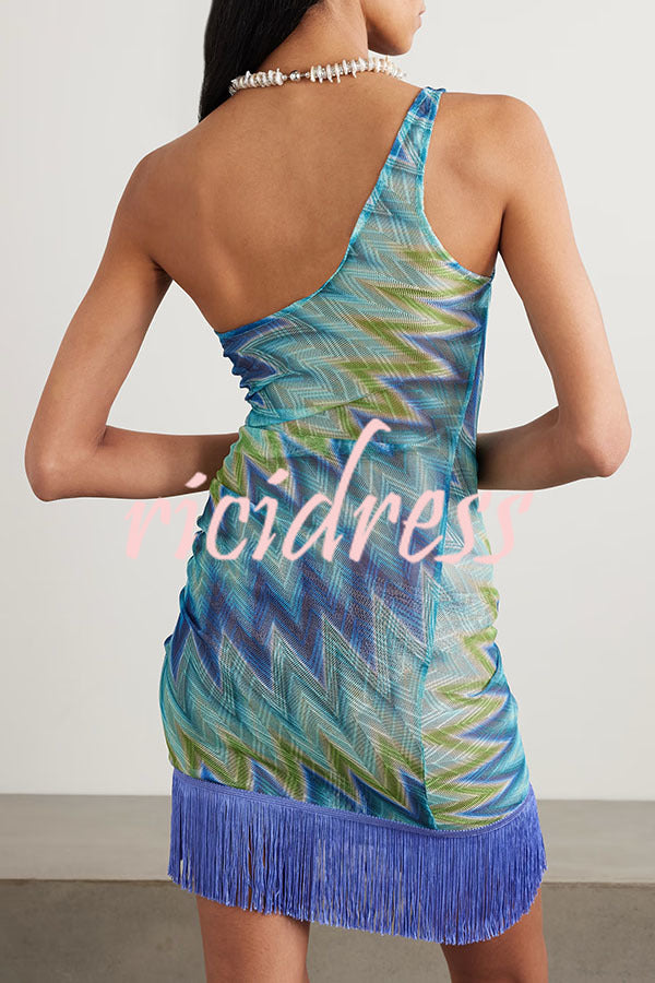 Eline Knit Colorful Zigzag PatternOne Shoulder Ruched Tassle Trim Mini Dress