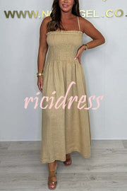 Solid Color Casual Short Jacket and Suspender Pleated Maxi Dress Set