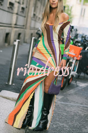 Stylish Multi-colored Long-sleeved Slim-fit Slit Maxi Dress