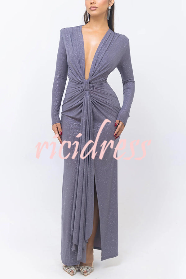 Solid Color Shiny Sexy V-neck Long Sleeve Ribbon Slit Slim Fit Maxi Dress