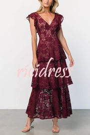 Solid V-neck Ruffled Sleeves Cinched Waist Maxi Dress