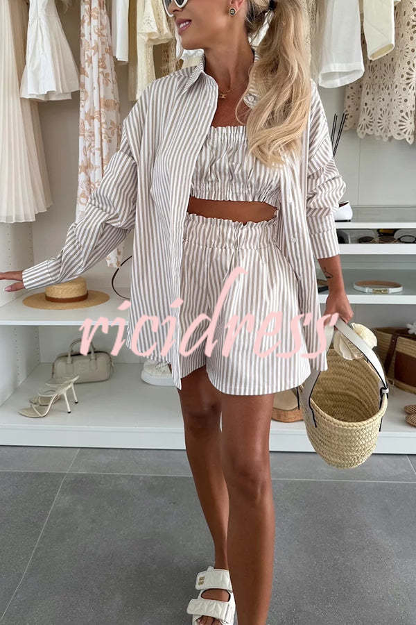 Zoie Striped Stretch Bandeau + Elastic Waist Pocket Shorts + Oversized Blouse 3 Pieces Set