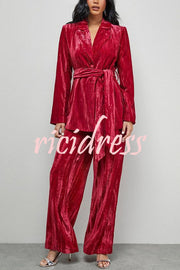 Solid Color Velvet Long-sleeved Waist Tie Top and Elastic Waist Casual Pocket Straight-leg Pants Set