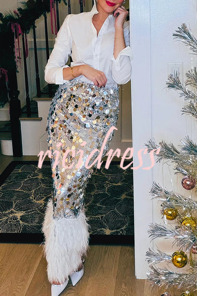 Playful Sparkling Large Sequin Faux Fur Tassel Hem Elastic Waist Maxi Skirt