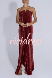 Party Time Pleated Metallic Fabric Off Shoulder Irregular Hem A-line Maxi Dress