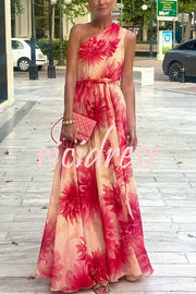 Floral Print One Shoulder Waist Tie Full Hem Resort Style Maxi Dress