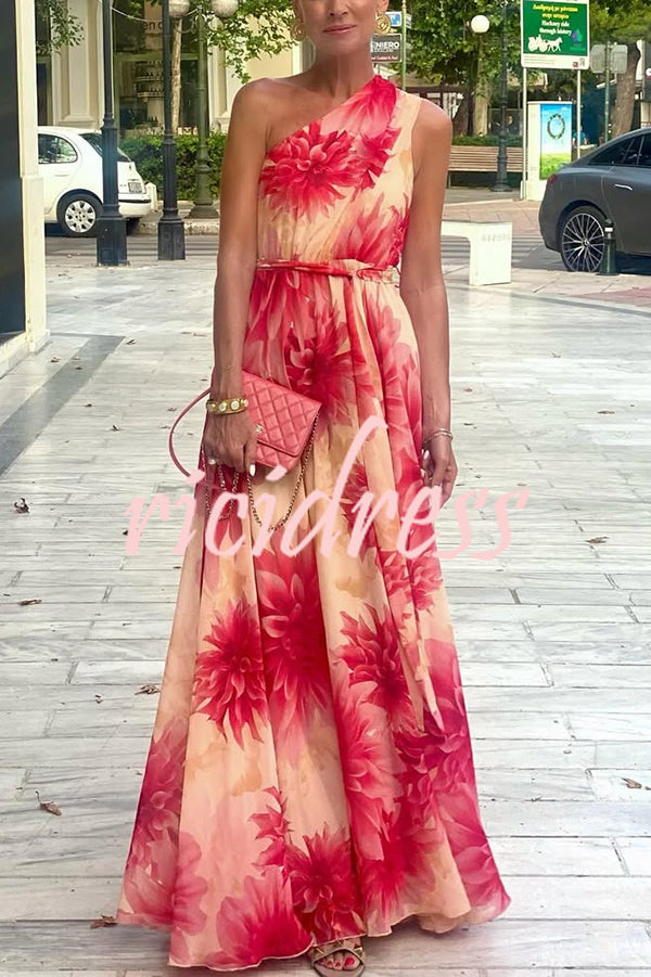 Floral Print One Shoulder Waist Tie Full Hem Resort Style Maxi Dress