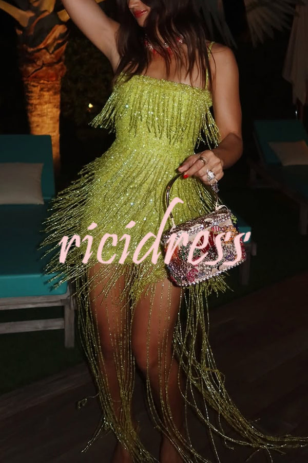 Sparkle Night Beaded Sequined Tassel Slip Midi Dress