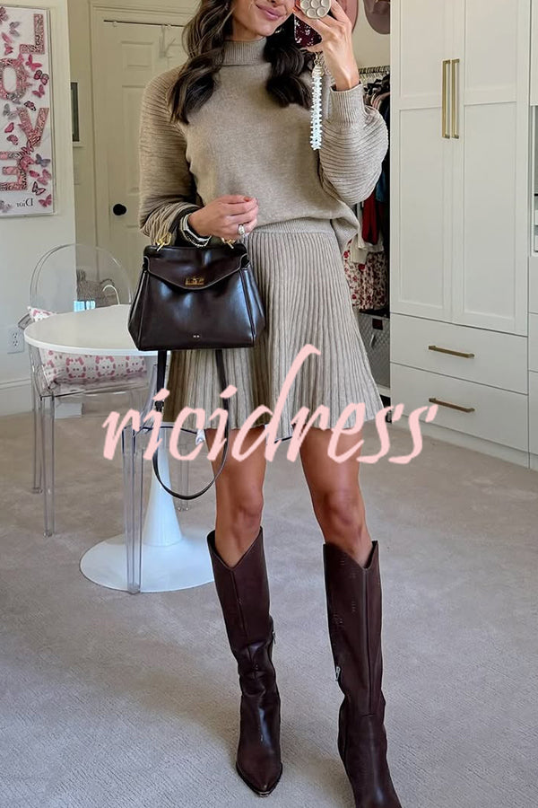 Solid Color Round Neck Puff Sleeve Loose Knit Sweater and Casual Striped Mini Skirt Set