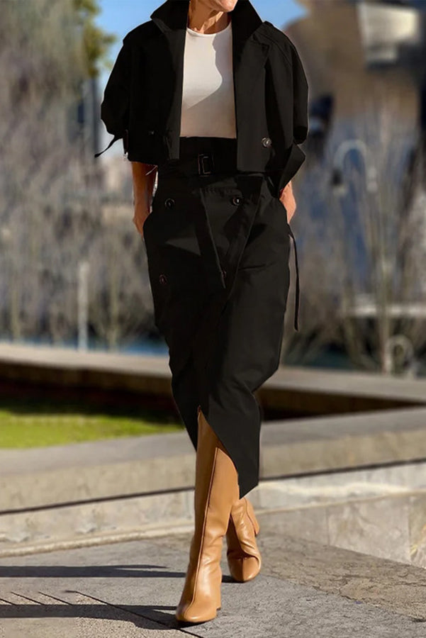 Work Style Lapel Long Sleeve Jacket and Button Belt Pocketed Slit Midi Skirt Set