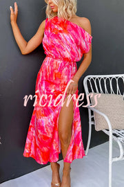 Satin Unique Print One Shoulder Tie Waist Slit Maxi Dress