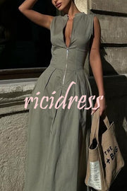 Stylish Sleeveless Zippered V-neck Slim Fit Maxi Dress