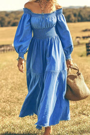 Bohemian Style Off Shoulder Long-sleeved Pleated Waist Maxi Dress
