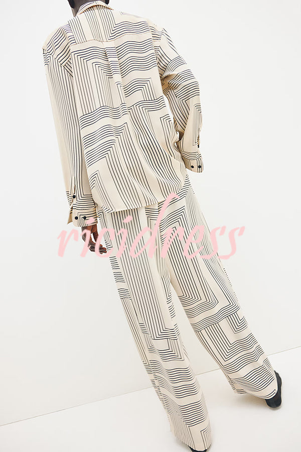Unique Print Lapel Long Sleeve Loose Shirt and Elastic Waist Casual Pocket Wide Leg Pants Set
