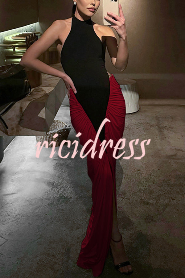 Fashionable Contrast Color Open Back Side Pleated Draped Maxi Dress