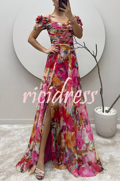 Gorgeous and Charming Printed Flower Off Shoulder Ruched Slit Maxi Dress