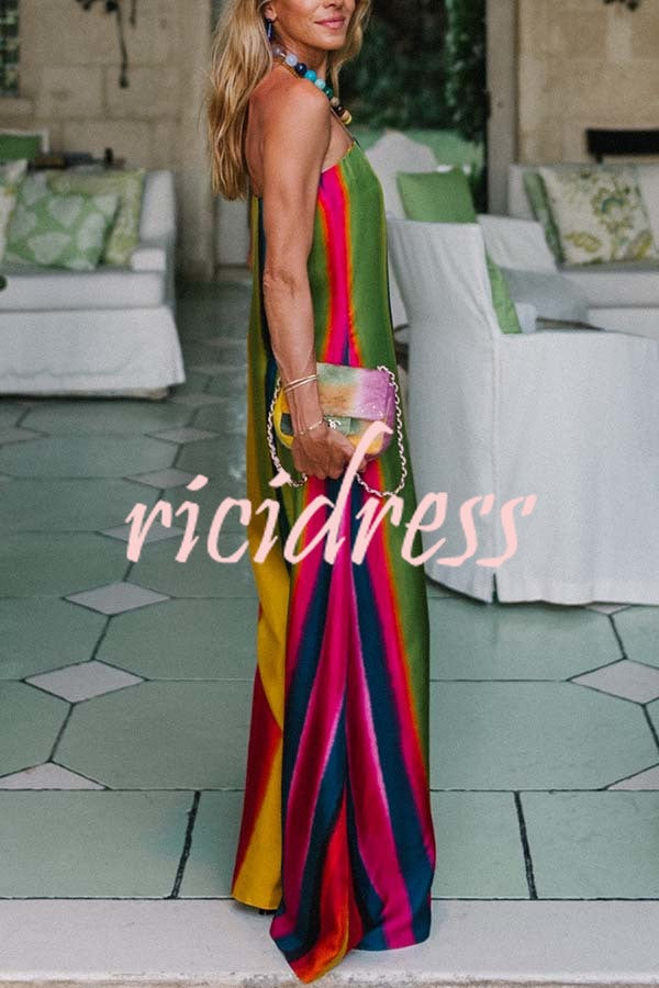 Artistic Rainbow Satin Watercolor Print Off Shoulder Pocketed H-line Maxi Dress