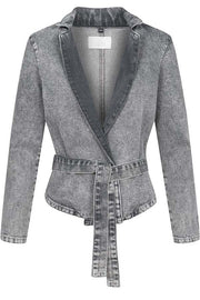 Casual Meetup Denim Stand Neck Long Sleeve Belted Loose Jacket