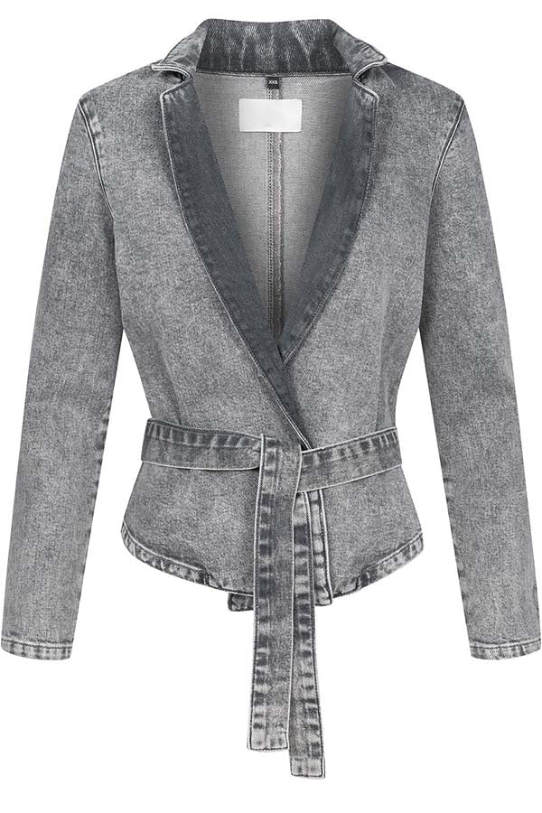 Casual Meetup Denim Stand Neck Long Sleeve Belted Loose Jacket