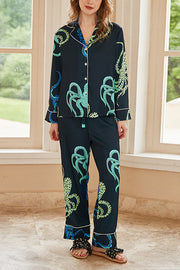 Black Octopus Print Home Long-sleeved Two-piece Set