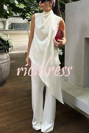 Simply Luxe Satin High Neck Irregular Hem Top and Elastic Waist Flare Loose Pants Set