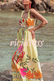 Resort Style Unique Print Sexy Square Neck Backless Waist Maxi Dress