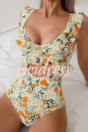 Floral Print Ruffled Stretch One-piece Swimsuit