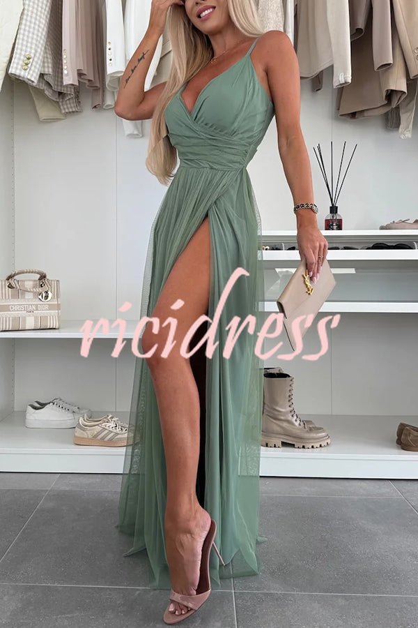 Solid Color Tulle Halter Back High Slit Maxi Dress