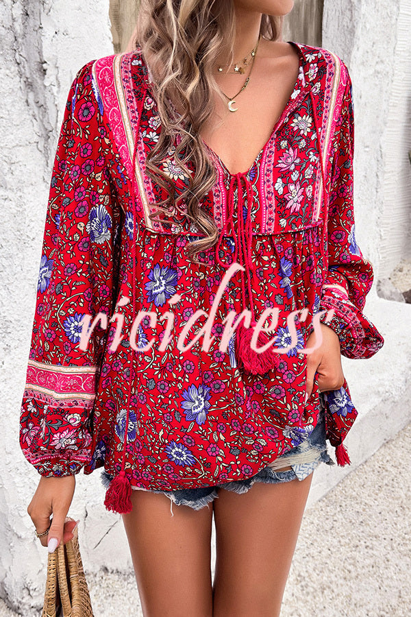 Intricate Floral Print V Neck Lace Up Paneled Long Sleeve Shirt