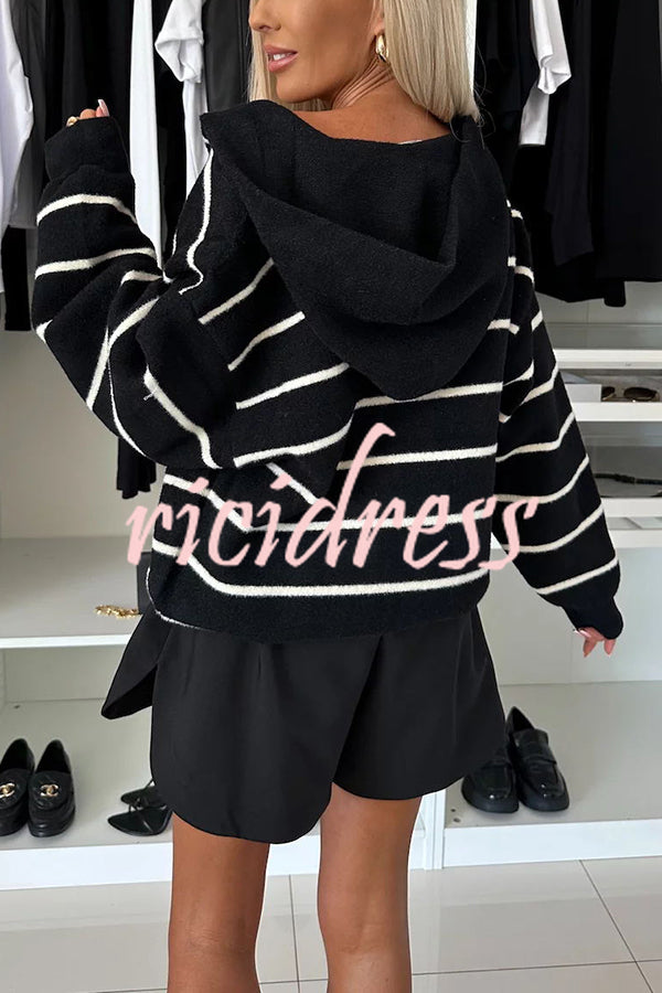 Fashion and Comfort Knit Striped Button Up Pocketed Loose Hooded Cardigan