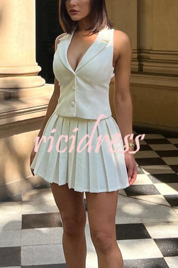 Sexy V-neck Sleeveless Vest and Pleated Mini Skirt Set