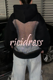 Fashionable Shiny Mesh Hollow Back Loose Long-sleeved Hooded Sweatshirt
