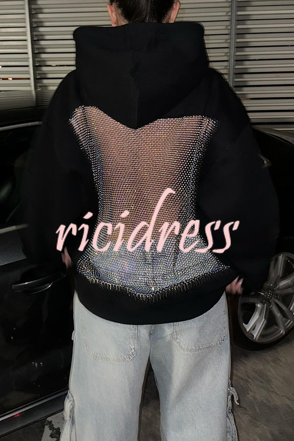 Fashionable Shiny Mesh Hollow Back Loose Long-sleeved Hooded Sweatshirt
