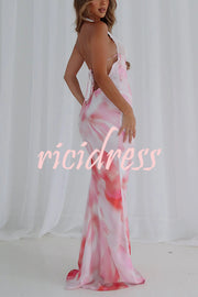 Fashion Printed Halter Neck Backless Lace-Up Sexy Slim Maxi Dress