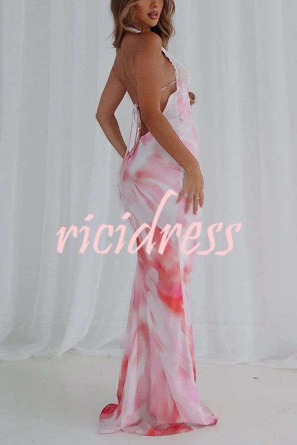 Fashion Printed Halter Neck Backless Lace-Up Sexy Slim Maxi Dress