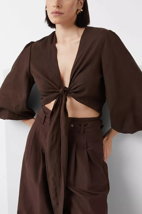 Lets Go Out Linen Blend Balloon Sleeve Wrap Tie-up Loose Top