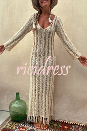 Somewhere Sunny Hollow Out Tassel Long Sleeve Knit Beach Maxi Dress